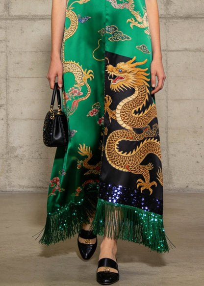 Italian Green Tasseled Print Silk Long Dress Summer