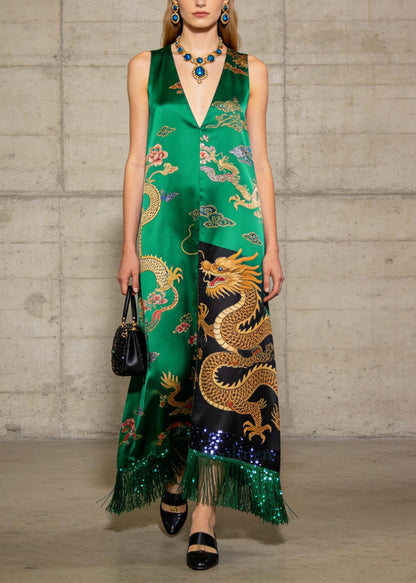 Italian Green Tasseled Print Silk Long Dress Summer