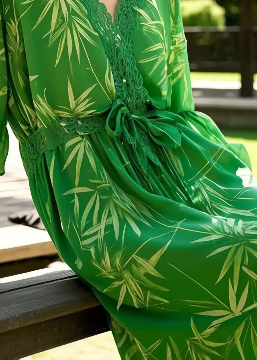 Italian Green Tie Waist Print Chiffon Dresses Summer