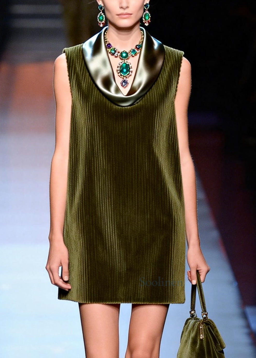 Italian Green Turtle Neck Patchwork Corduroy Day Dress Sleeveless