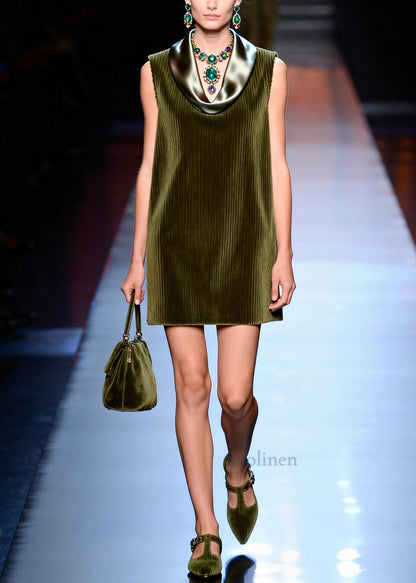 Italian Green Turtle Neck Patchwork Corduroy Day Dress Sleeveless