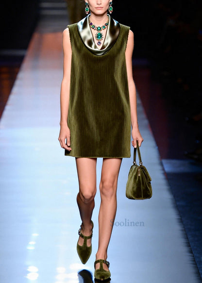 Italian Green Turtle Neck Patchwork Corduroy Day Dress Sleeveless