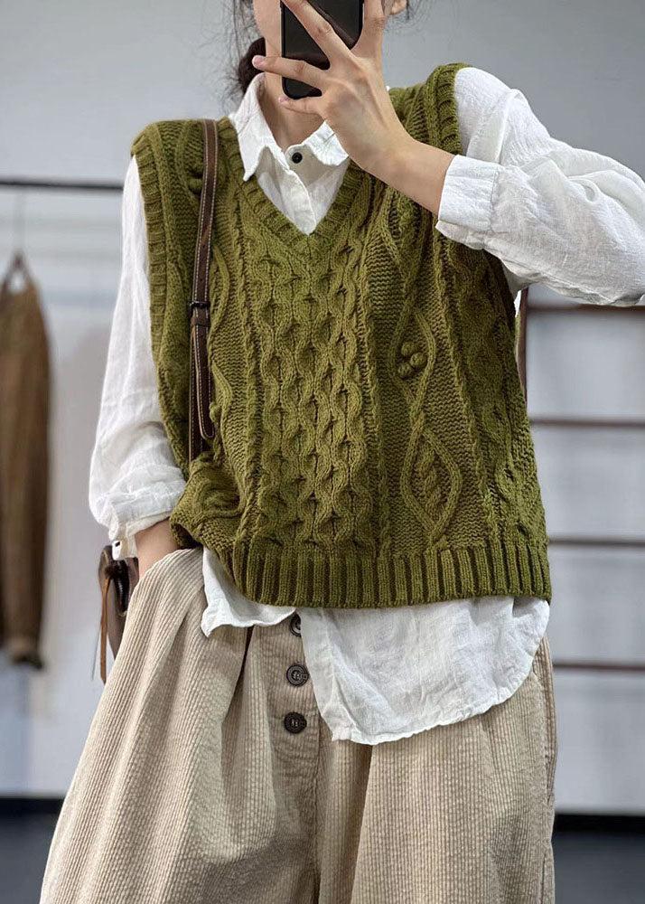 Italienische grüne Weste mit V-Ausschnitt, grob, übergroß, Zopfmuster, Winter