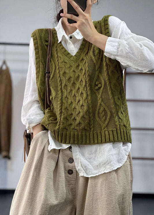 Italienische grüne Weste mit V-Ausschnitt, grob, übergroß, Zopfmuster, Winter