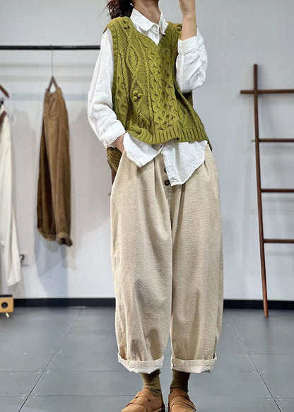 Italienische grüne Weste mit V-Ausschnitt, grob, übergroß, Zopfmuster, Winter