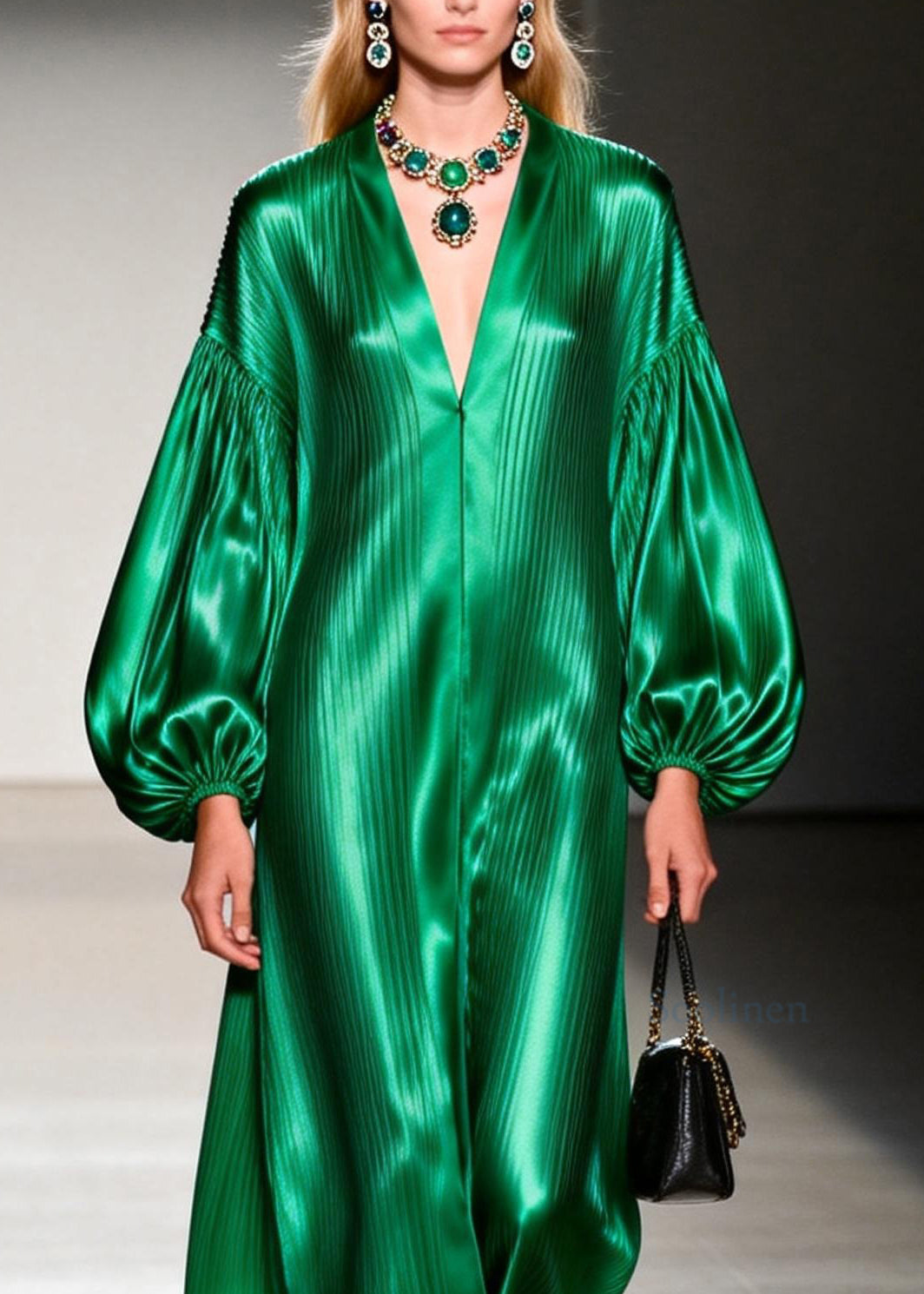 Italian Green V Neck Patchwork Silk Maxi Dresses Lantern Sleeve