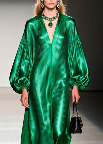 Italian Green V Neck Patchwork Silk Maxi Dresses Lantern Sleeve