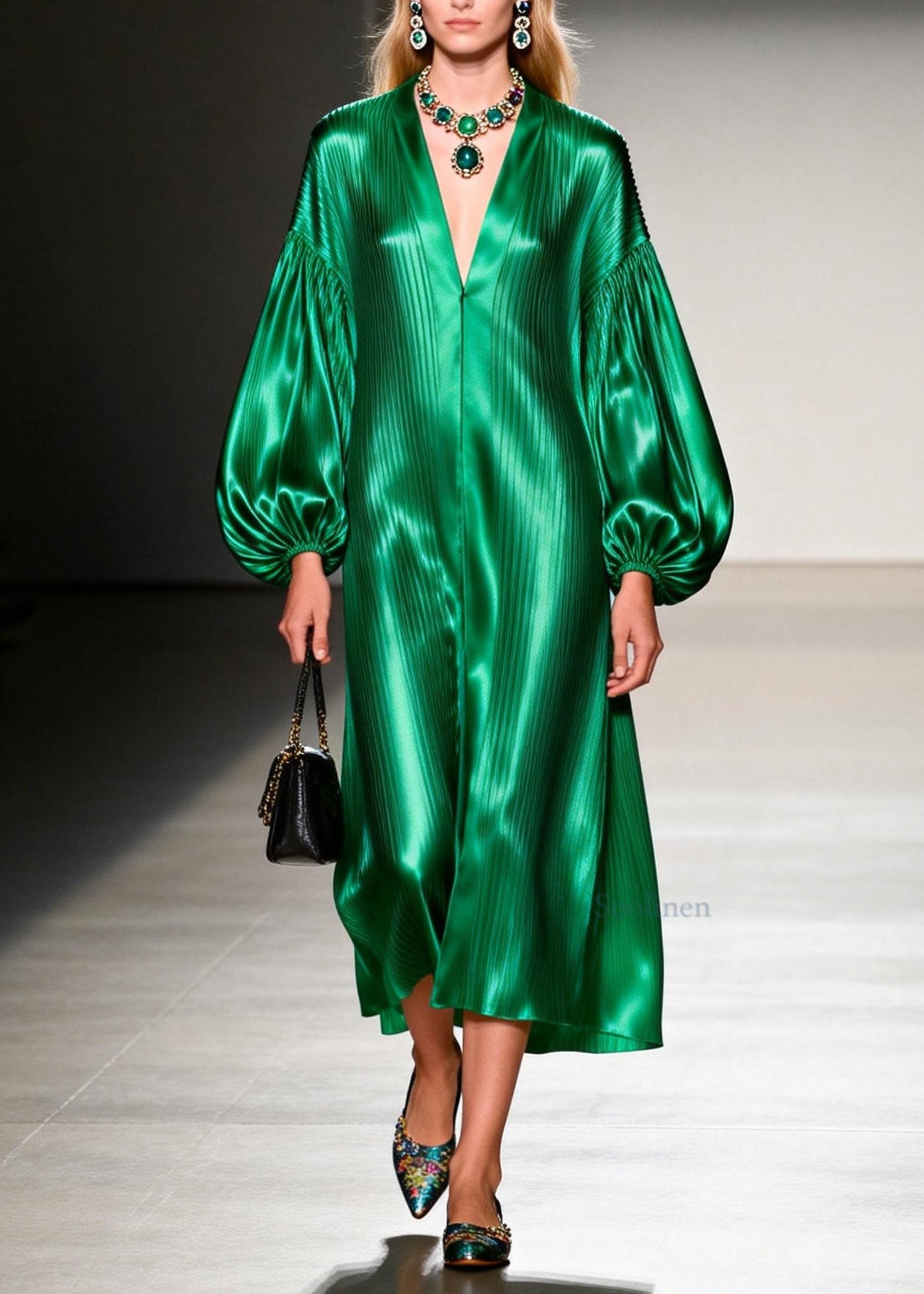 Italian Green V Neck Patchwork Silk Maxi Dresses Lantern Sleeve