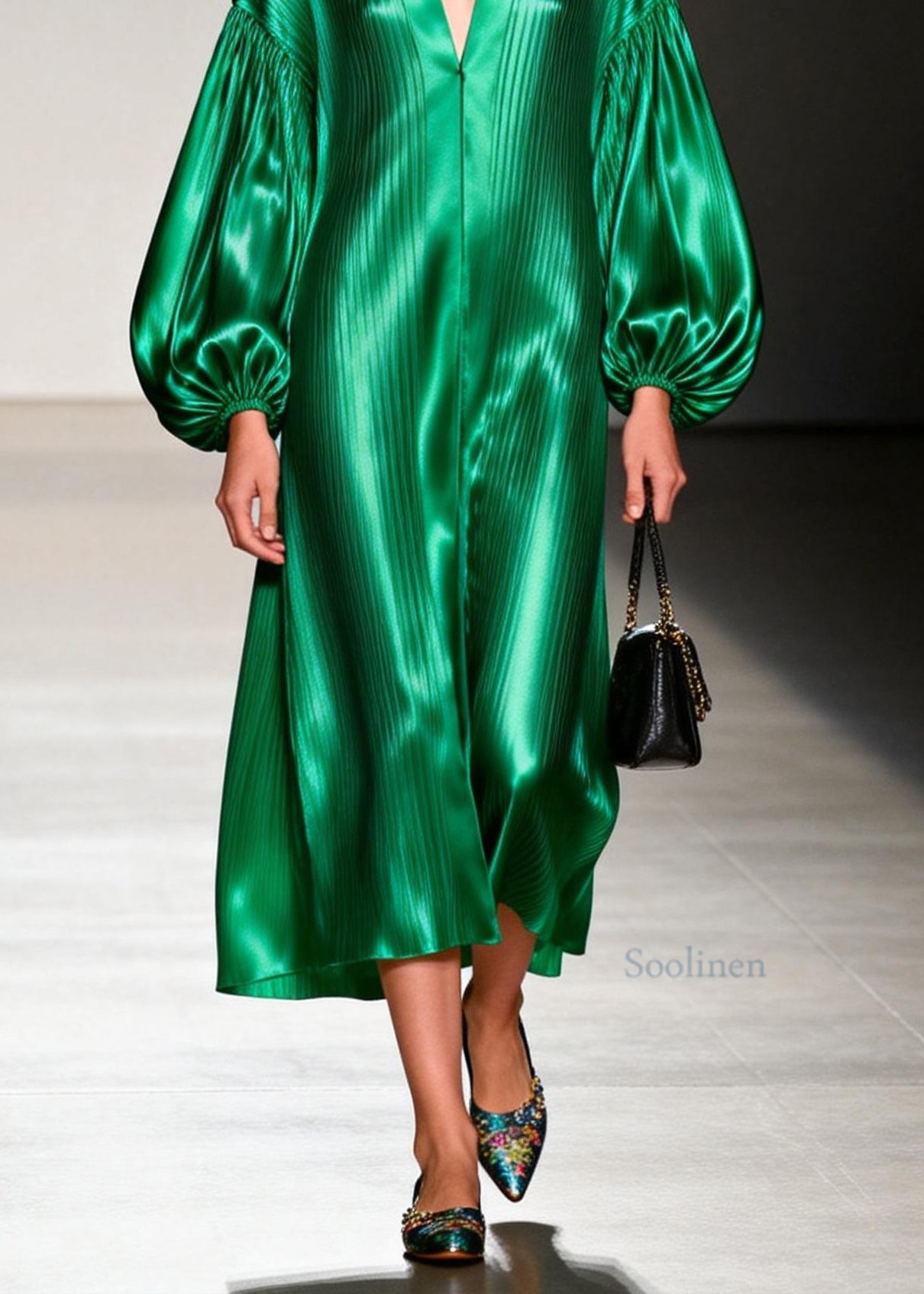 Italian Green V Neck Patchwork Silk Maxi Dresses Lantern Sleeve