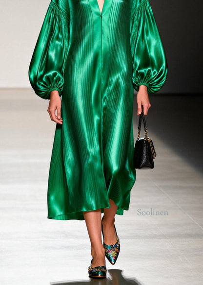 Italian Green V Neck Patchwork Silk Maxi Dresses Lantern Sleeve