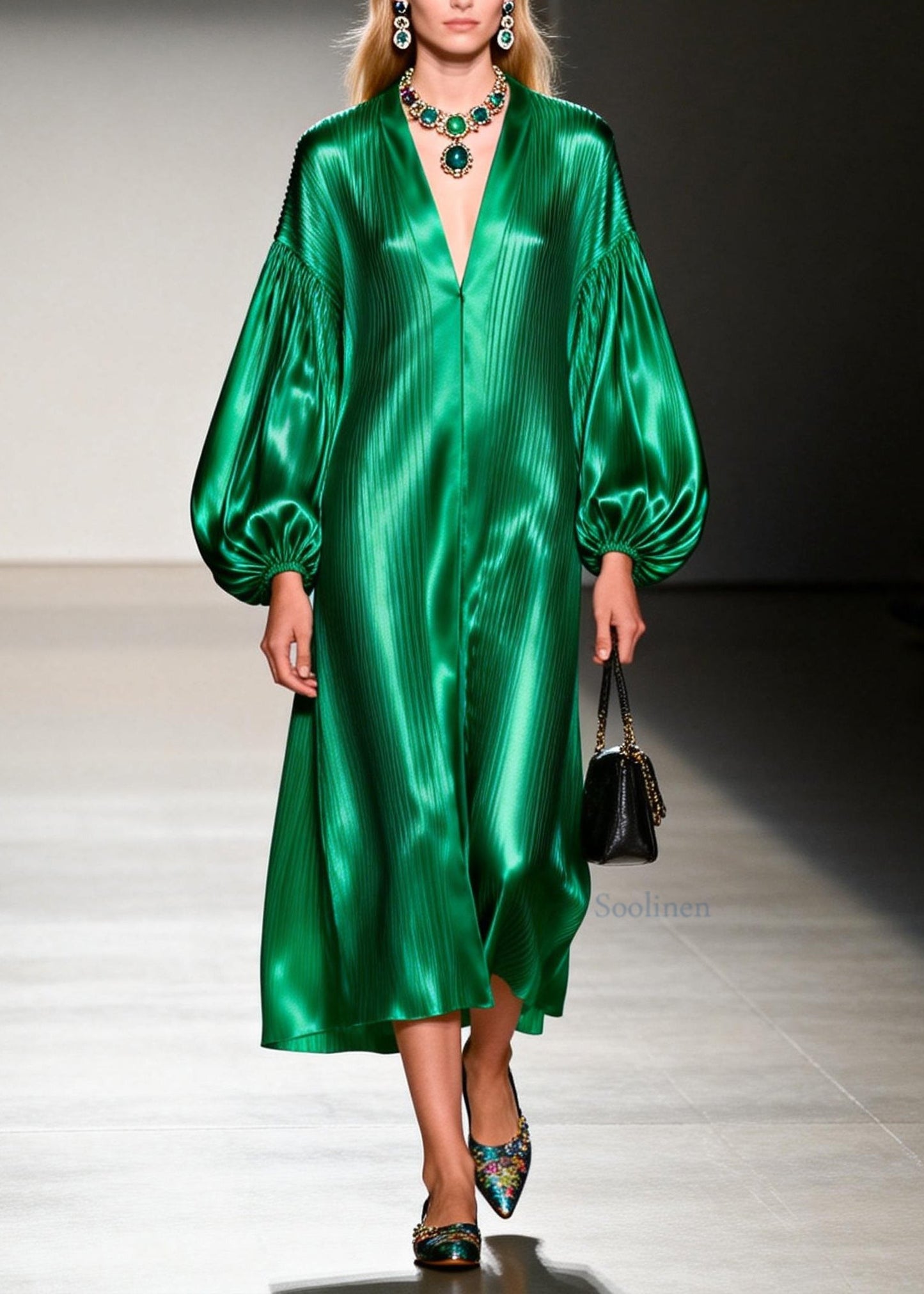 Italian Green V Neck Patchwork Silk Maxi Dresses Lantern Sleeve