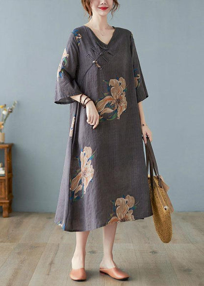 Italian Grey Asymmetrical Design Button Summer A Line Half Sleeve Vacation Dresses - SooLinen