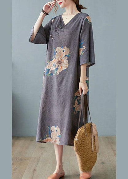 Italian Grey Asymmetrical Design Button Summer A Line Half Sleeve Vacation Dresses - SooLinen