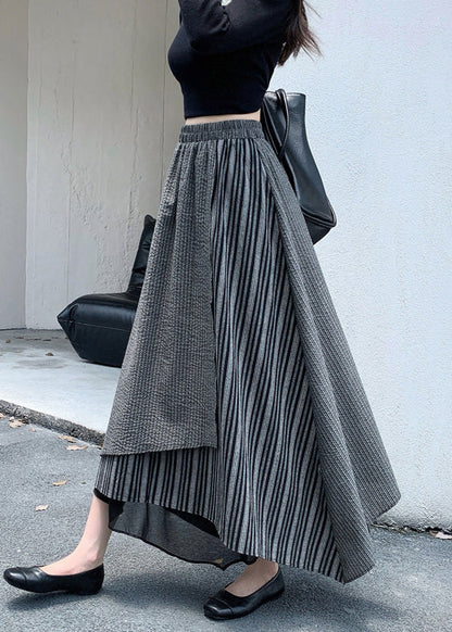 Italian Grey Asymmetrical Striped Elastic Waist Cotton Skirts Fall