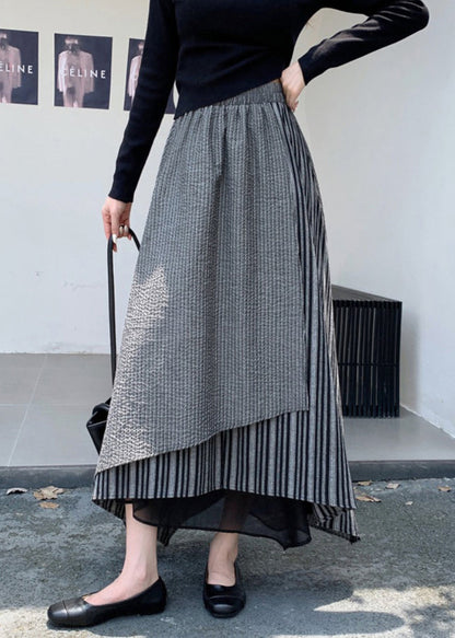 Italian Grey Asymmetrical Striped Elastic Waist Cotton Skirts Fall