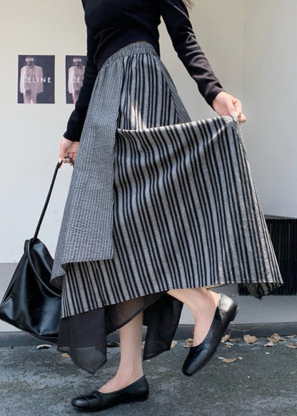 Italian Grey Asymmetrical Striped Elastic Waist Cotton Skirts Fall