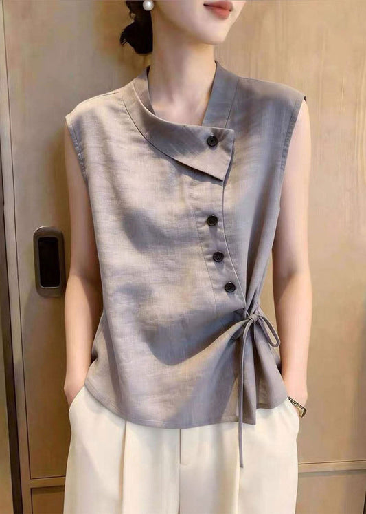 Italian Grey Asymmetrical Tie Waist Cotton Shirt Top Sleeveless