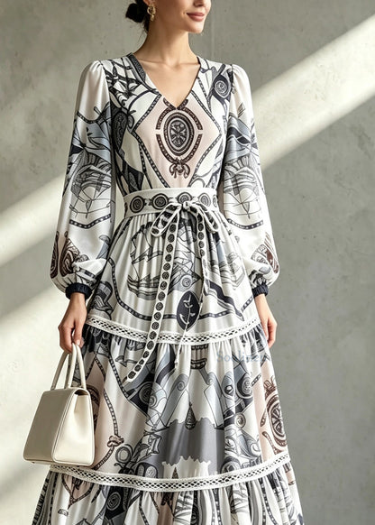 Italian Grey Blue V Neck Print Exra Large Hem Ankle Dress Long Sleeve