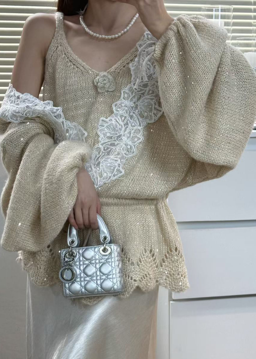 Italienisch-graues Patchwork-Strickset für Damen, 2-teilig, Frühling