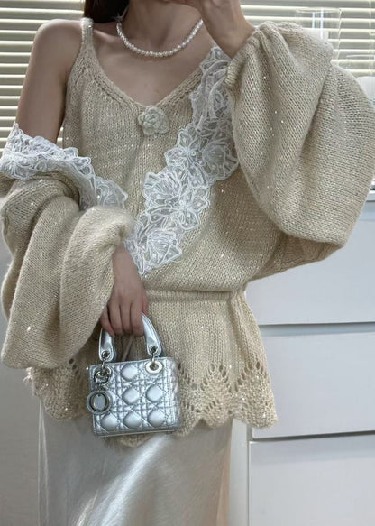 Italienisch-graues Patchwork-Strickset für Damen, 2-teilig, Frühling