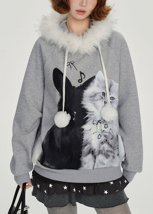 Italienischer grauer Kapuzenpullover mit Print aus Baumwolle, Streetwear Winter