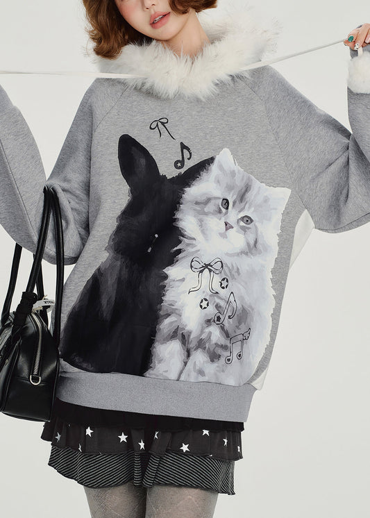 Italienischer grauer Kapuzenpullover mit Print aus Baumwolle, Streetwear Winter