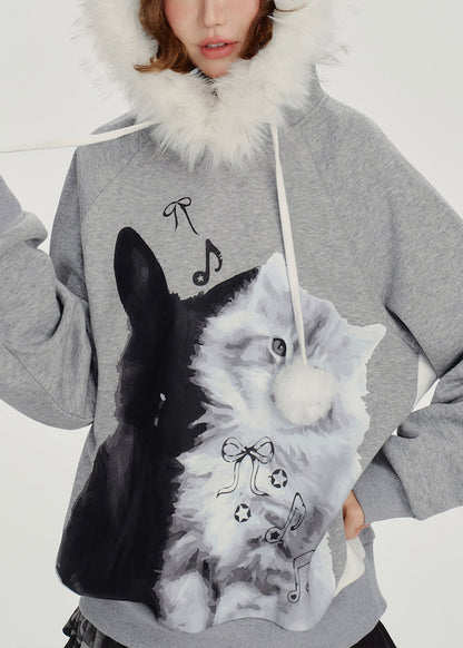 Sudadera de algodón con capucha y estampado gris italiano para invierno