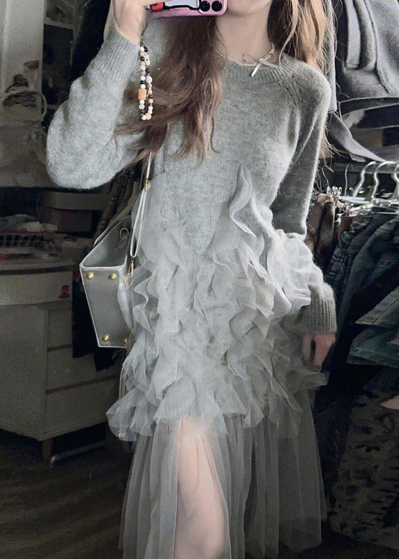 Italienischer grauer, langer Strickpullover aus Tüll-Patchwork mit Rundhalsausschnitt für den Frühling