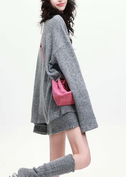 Italienisch-graues Oversize-Strickset aus Wolle, zweiteilig, Frühling