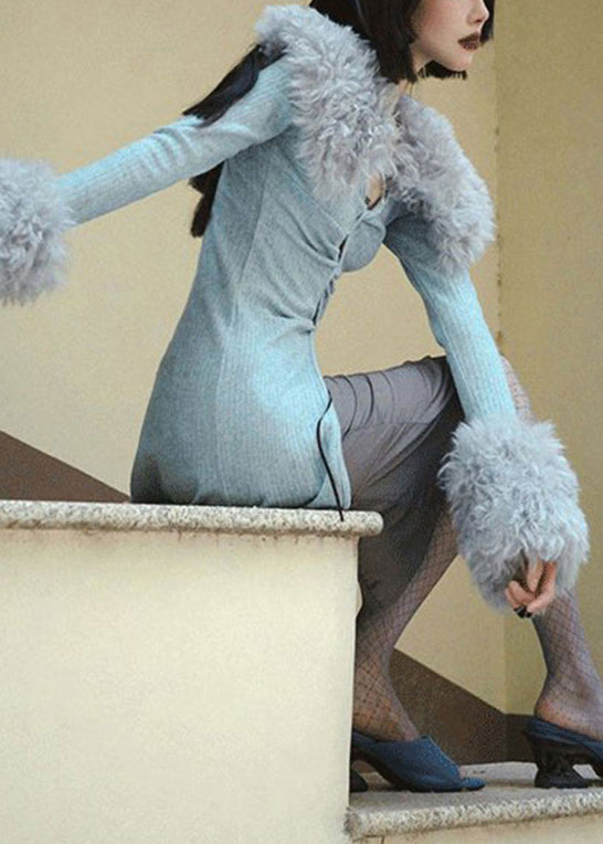 Italienischer grauer Patchwork-Strickcardigan aus Kunstpelz für den Frühling