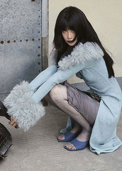 Italienischer grauer Patchwork-Strickcardigan aus Kunstpelz für den Frühling