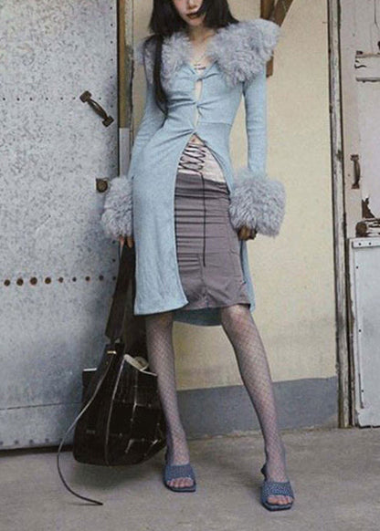 Italienischer grauer Patchwork-Strickcardigan aus Kunstpelz für den Frühling