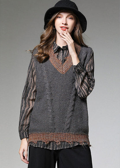Italienische graue Patchwork-Strickweste mit V-Ausschnitt für den Herbst