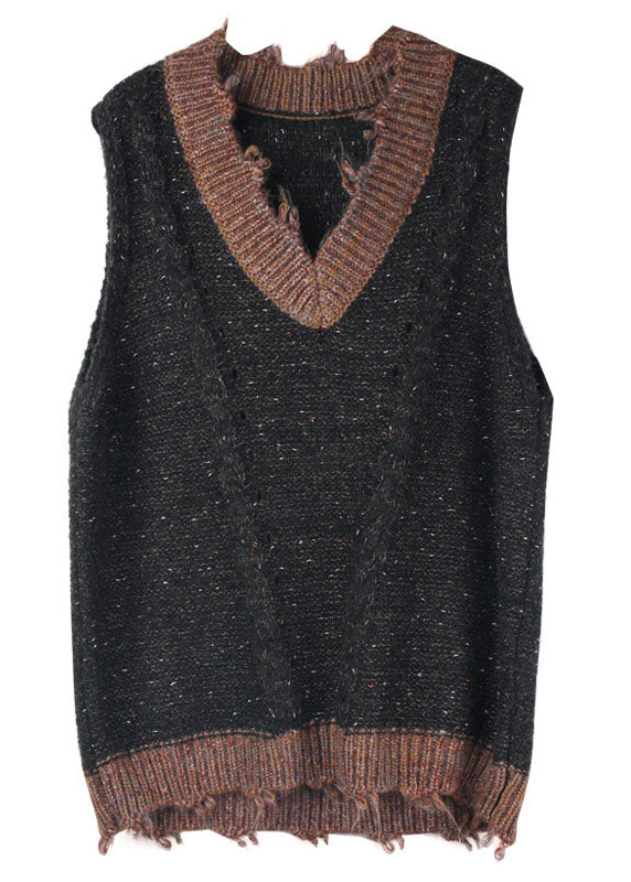 Italienische graue Patchwork-Strickweste mit V-Ausschnitt für den Herbst