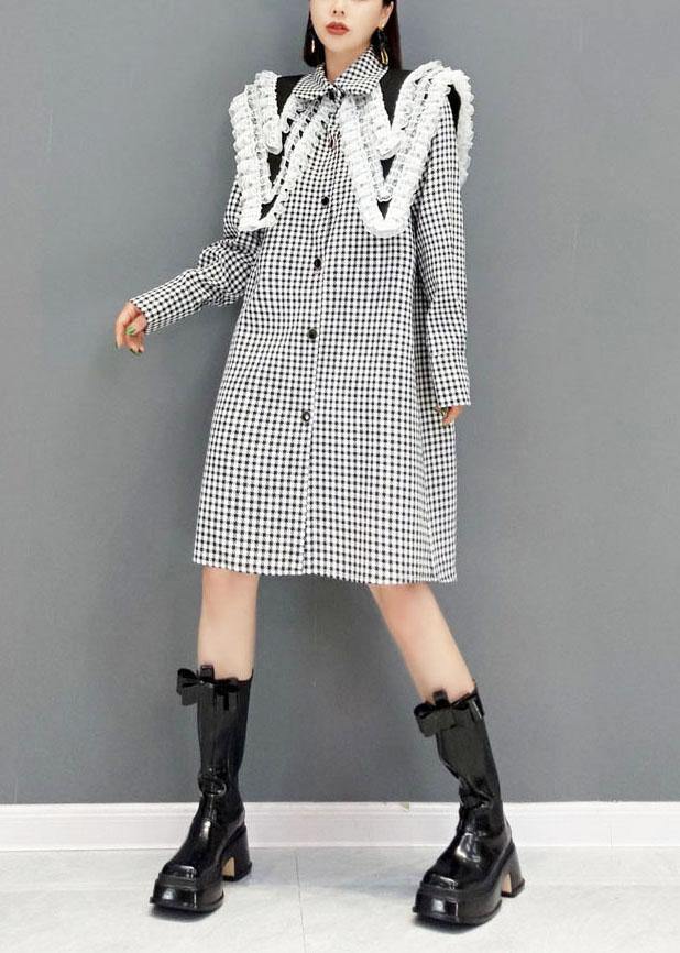 Italian Grey Plaid PeterPan Collar Button Dresses Fall Long Sleeve - SooLinen