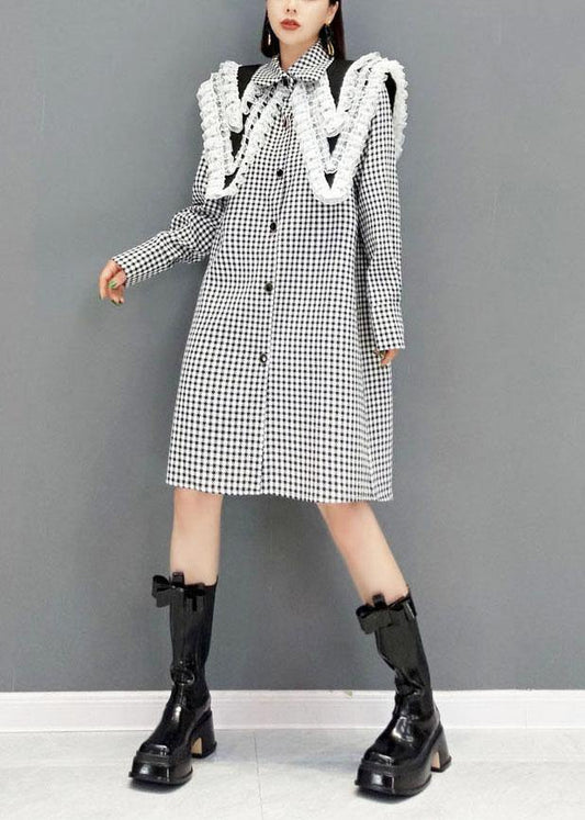 Italian Grey Plaid PeterPan Collar Button Dresses Fall Long Sleeve - SooLinen