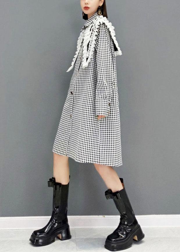 Italian Grey Plaid PeterPan Collar Button Dresses Fall Long Sleeve - SooLinen