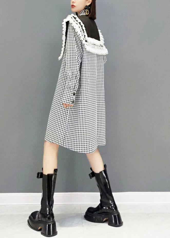 Italian Grey Plaid PeterPan Collar Button Dresses Fall Long Sleeve - SooLinen