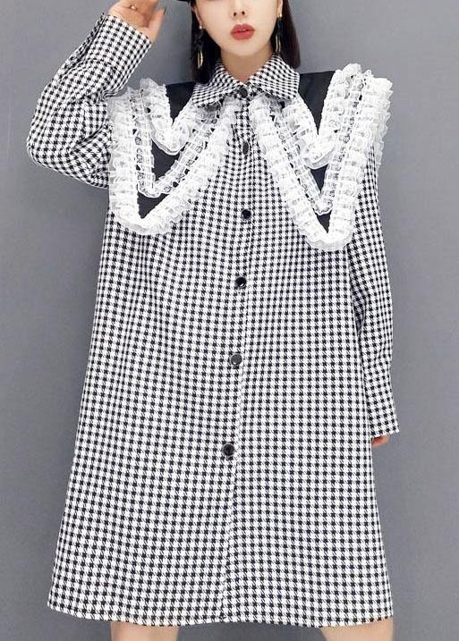 Italian Grey Plaid PeterPan Collar Button Dresses Fall Long Sleeve - SooLinen