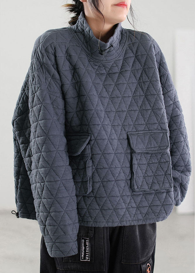 Italienischer grauer Rollkragenpullover mit feiner Baumwollfüllung, Streetwear, Winter