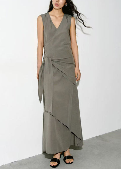 Italian Grey V Neck Asymmetrical Tie Waist Dress Sleeveless
