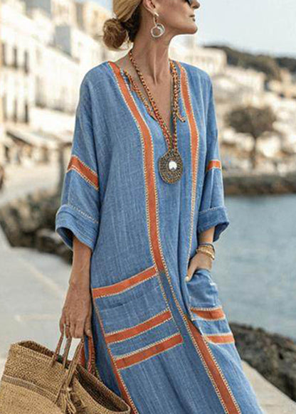 Italian Grey V Neck Striped Maxi Dresses Summer