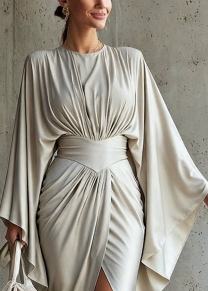 Italian Grey Wrinkled Side Open Long Dress Batwing Sleeve