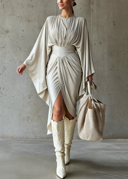 Italian Grey Wrinkled Side Open Long Dress Batwing Sleeve