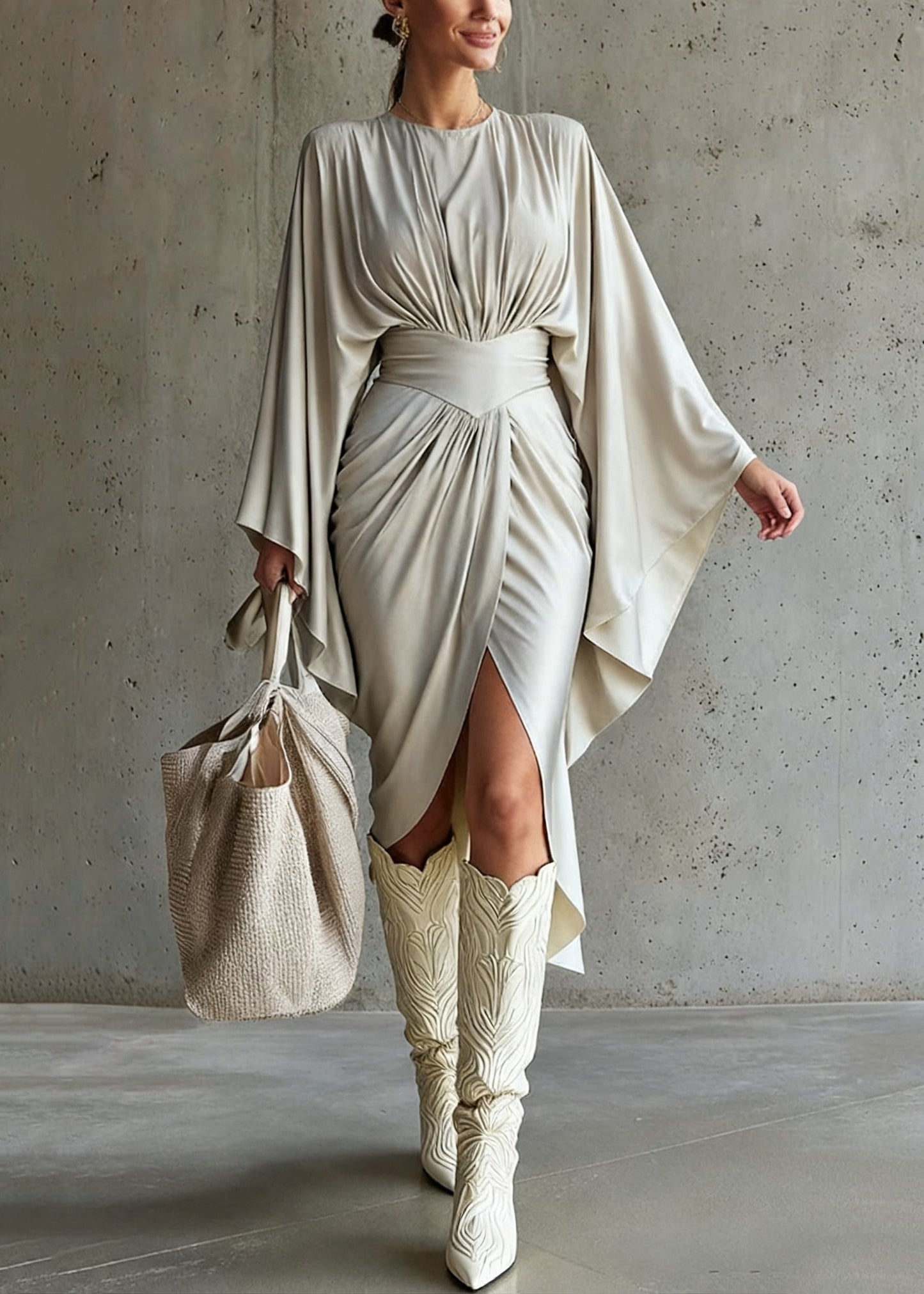 Italian Grey Wrinkled Side Open Long Dress Batwing Sleeve