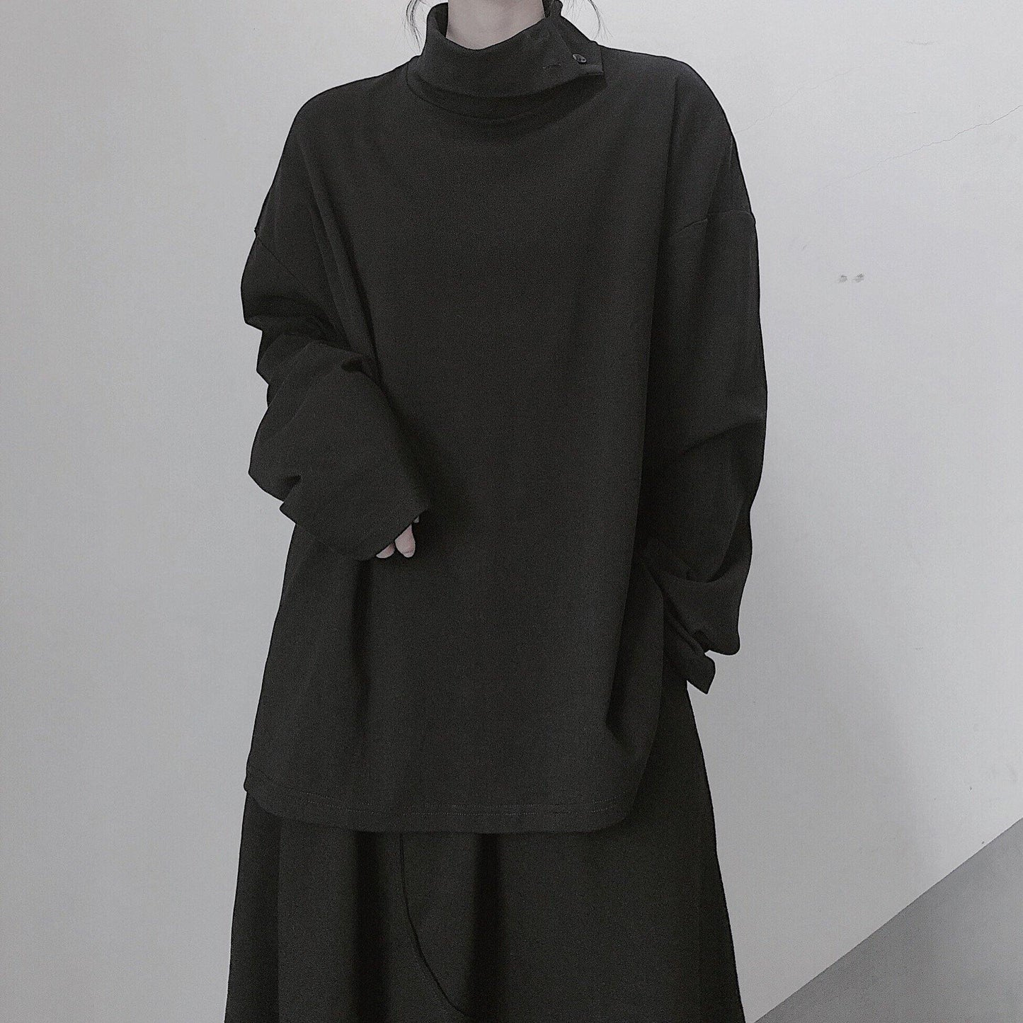 Italian High Neck Asymmetric Tops Women Blouses Fabrics Black Blouses - SooLinen