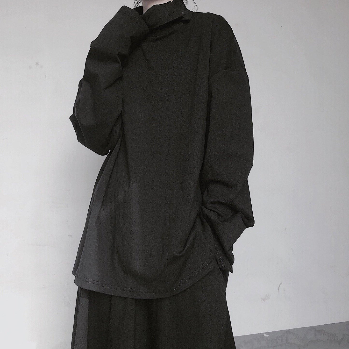 Italian High Neck Asymmetric Tops Women Blouses Fabrics Black Blouses - SooLinen