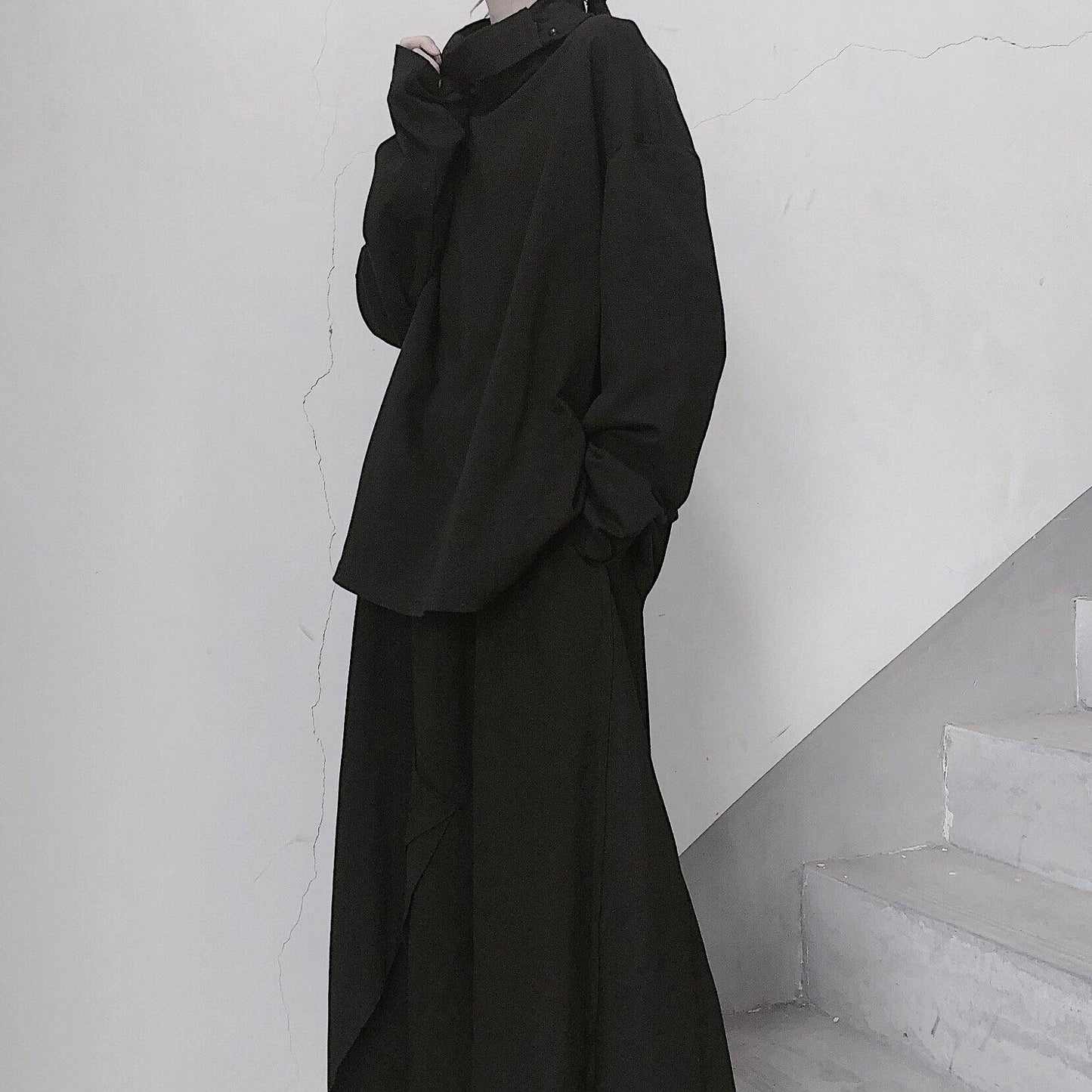 Italian High Neck Asymmetric Tops Women Blouses Fabrics Black Blouses - SooLinen