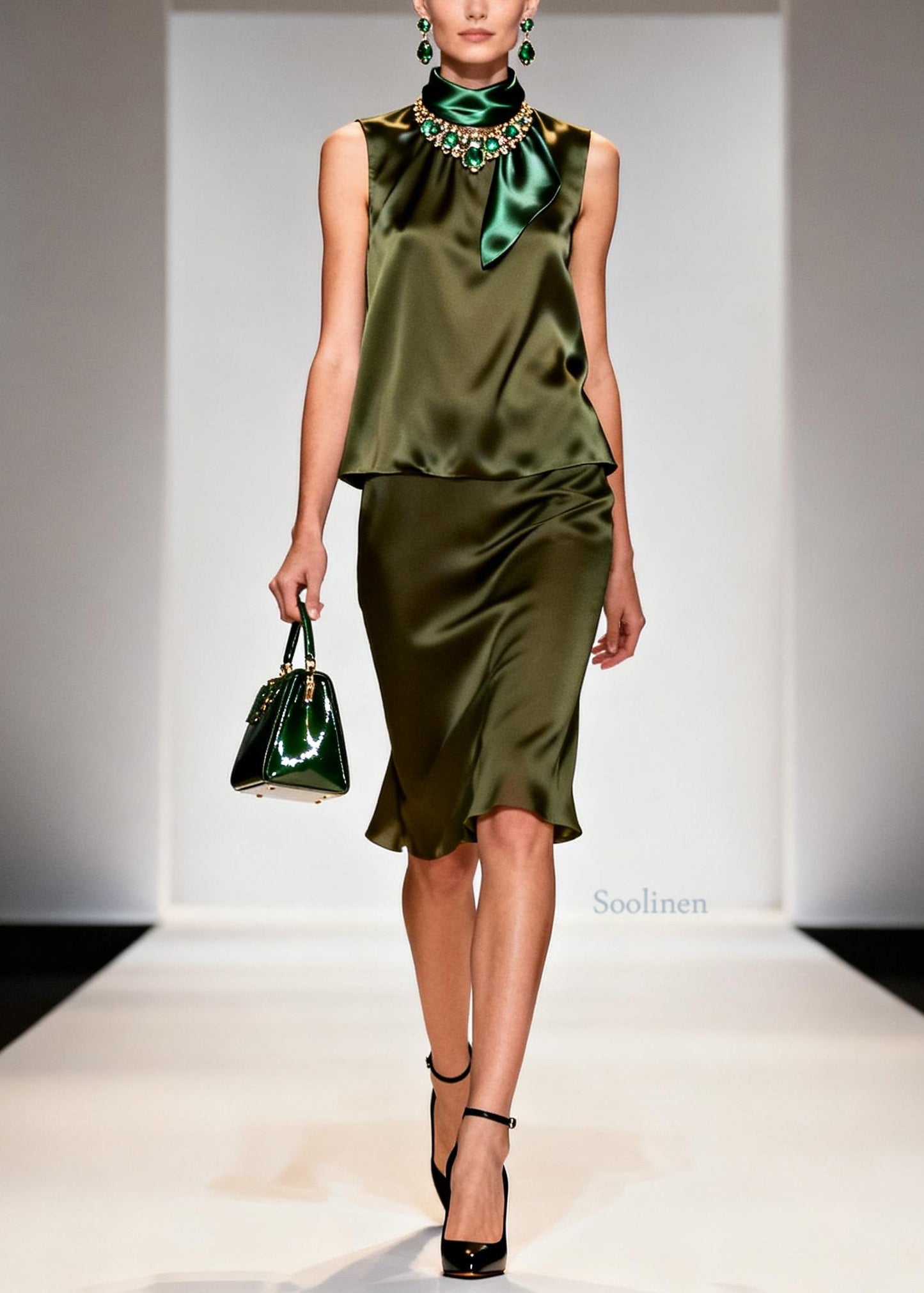 Italian Hign Neck Patchwork False Two Pieces Silk Mid Dress Sleeveless