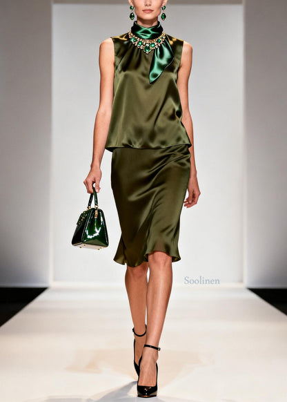 Italian Hign Neck Patchwork False Two Pieces Silk Mid Dress Sleeveless